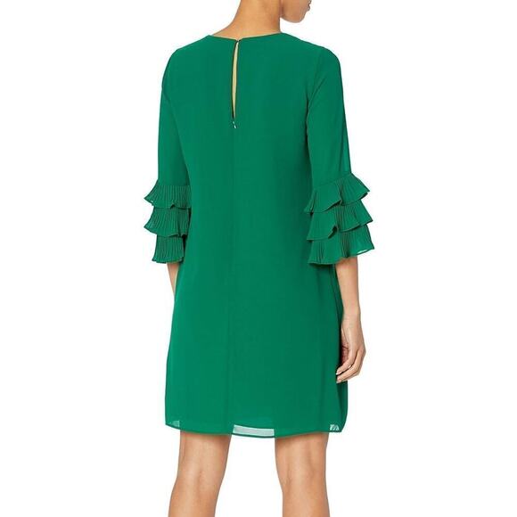 Vince Camuto Dress Chiffon Pleated Sleeve Float Shift Mini Emerald Green Size 2 - Picture 2 of 12